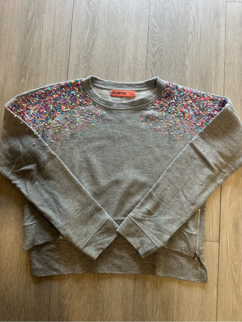 Blank NYC Gray Sweatshirt with Multicolor Sequin Shoulders